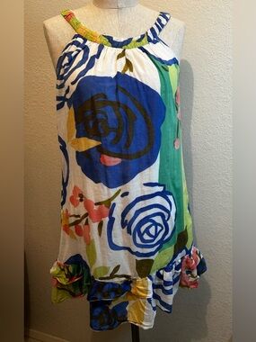 Aryeh Blue, White & Green Patterned Cotton Dress.